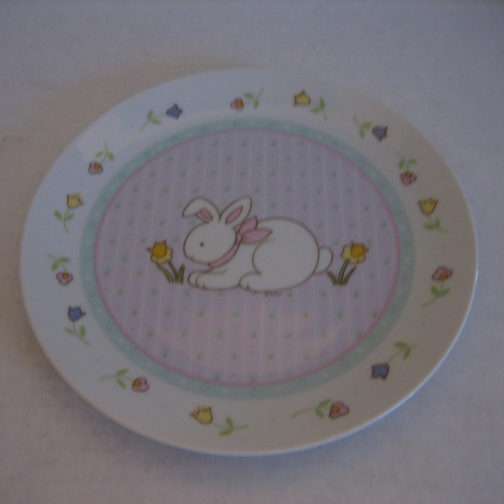Papel Designed & Hand Decorated White Porcelain Plate with Bunny Smelling Flower